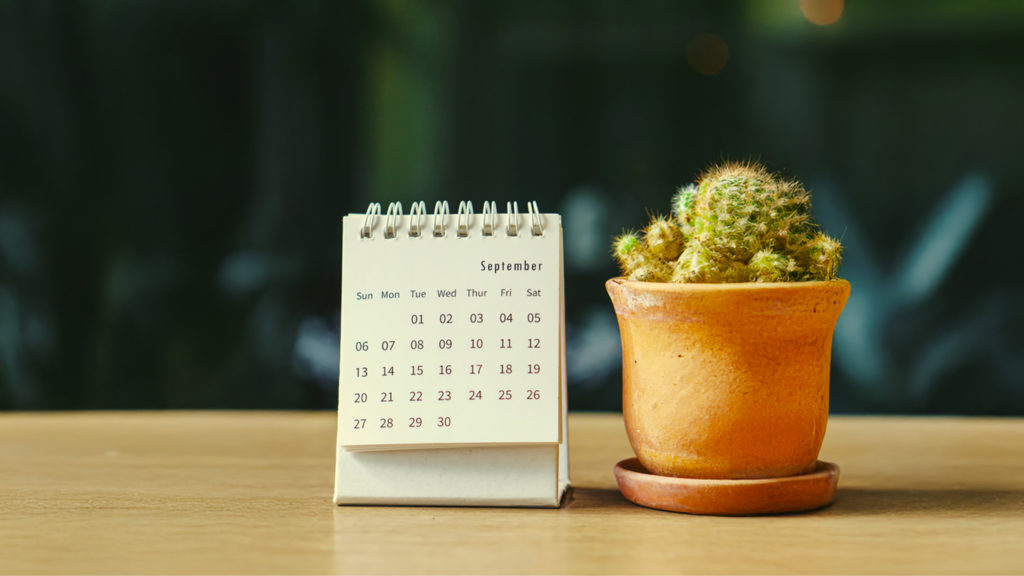 En kalender stående på et bord